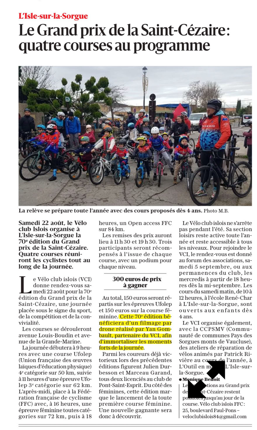 Article Grand Prix de la St Cézaire Vaucluse Matin du 20 août 2026