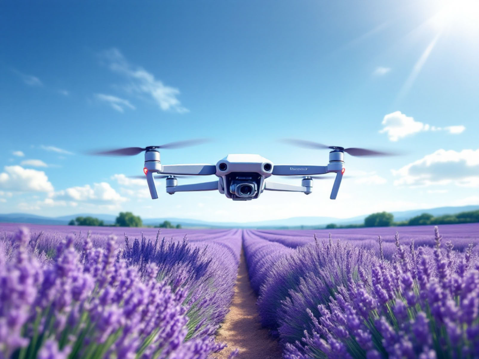 Un drone volant au-dessus d'un champ de lavande sous un ciel bleu avec quelques nuages.