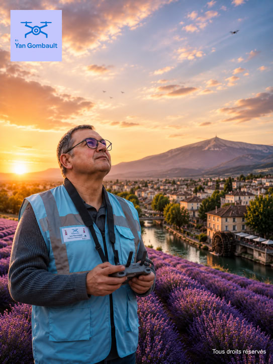 Yan Gombault portant un gilet bleu clair tient une télécommande, debout dans un champ de lavande au coucher du soleil, avec une ville et le Mont Ventoux en arrière-plan.
